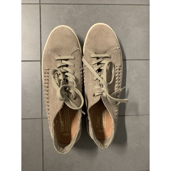 Toms Womens Suede Sneakers  9.5 Cream‎ Lenox Taupe Platform Knit Accent Lace Up - Picture 3 of 6